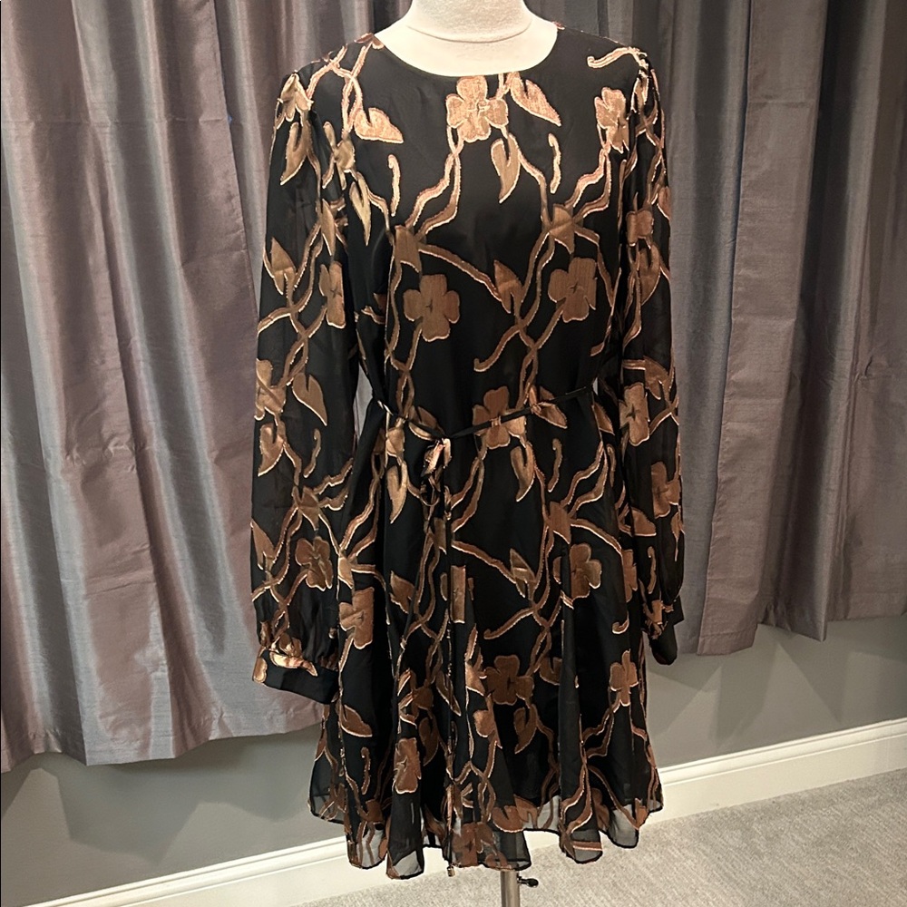 Tommy Hilfiger Long Sleeves Black Dress with Gold Floral Design/ Sheer overlay